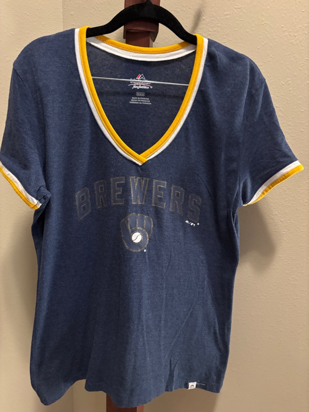 Majestic Navy and Yellow Brewers V-Neck Tee